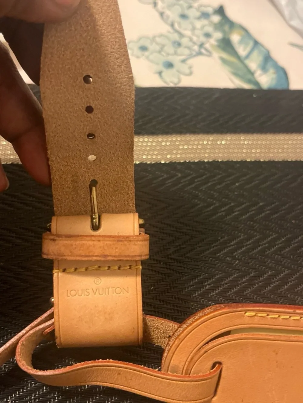 Preowned Louis Vuitton Tan Leather Luggage Tag with Strap.